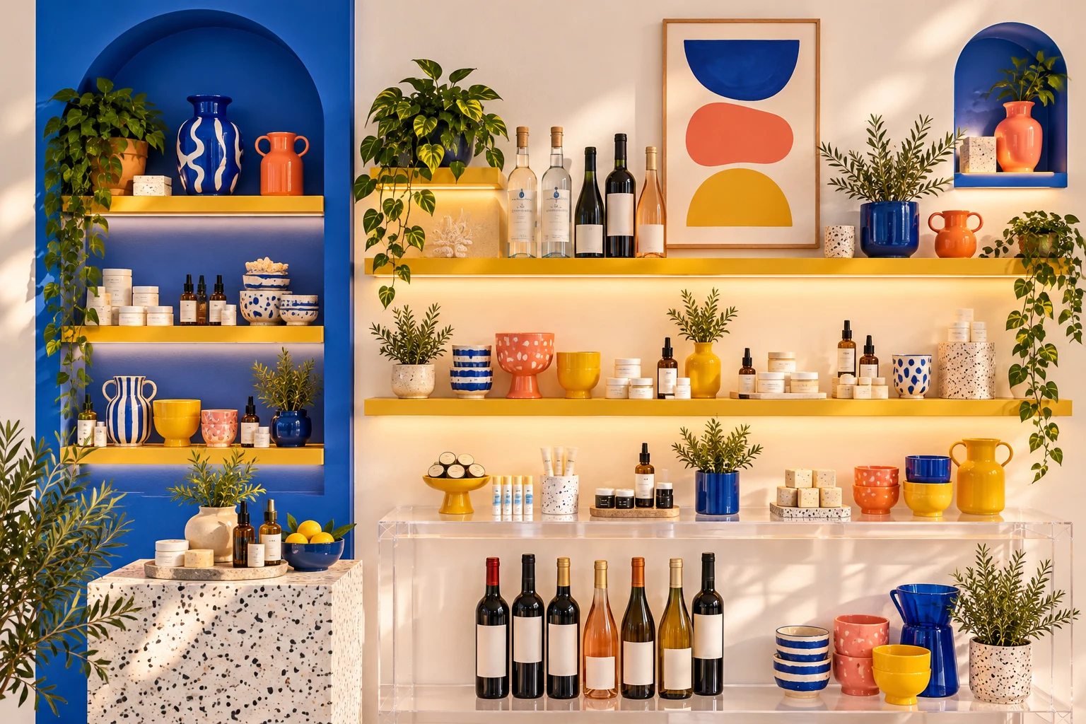 An artistic display wall with natural skincare, oils, lip balms, Greek ceramics, wine and spirits
