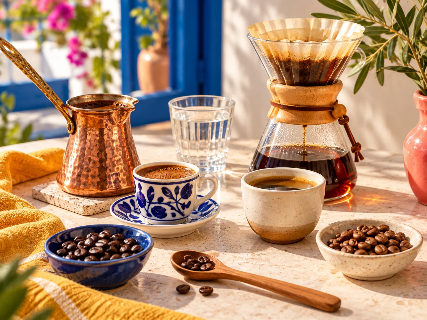 Traditional Greek coffee and specialty filter coffee prepared side by side