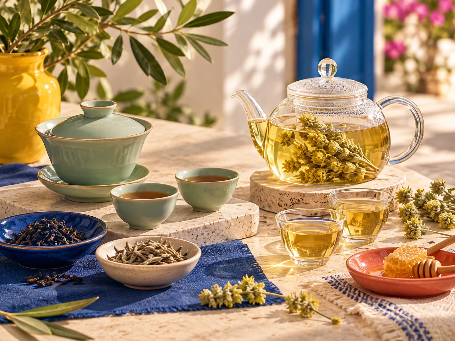 Chinese tea and Greek mountain tea arranged for a comparative tasting