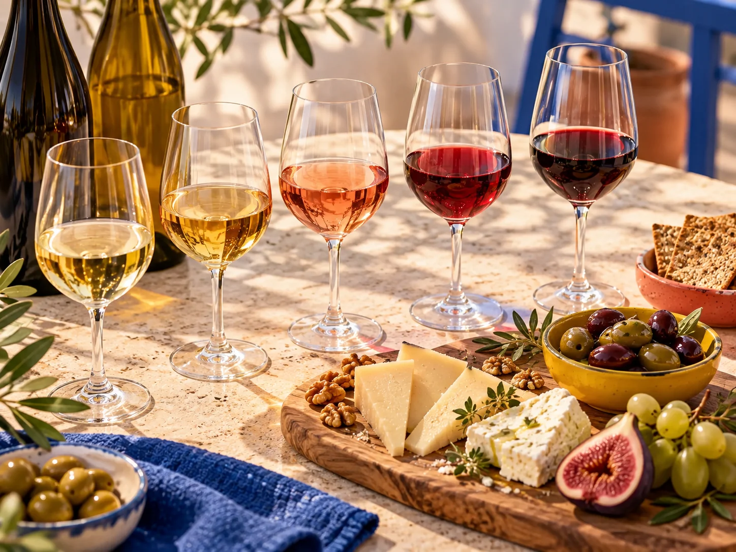 Greek wine tasting glasses with cheeses, crackers, olives, grapes and figs