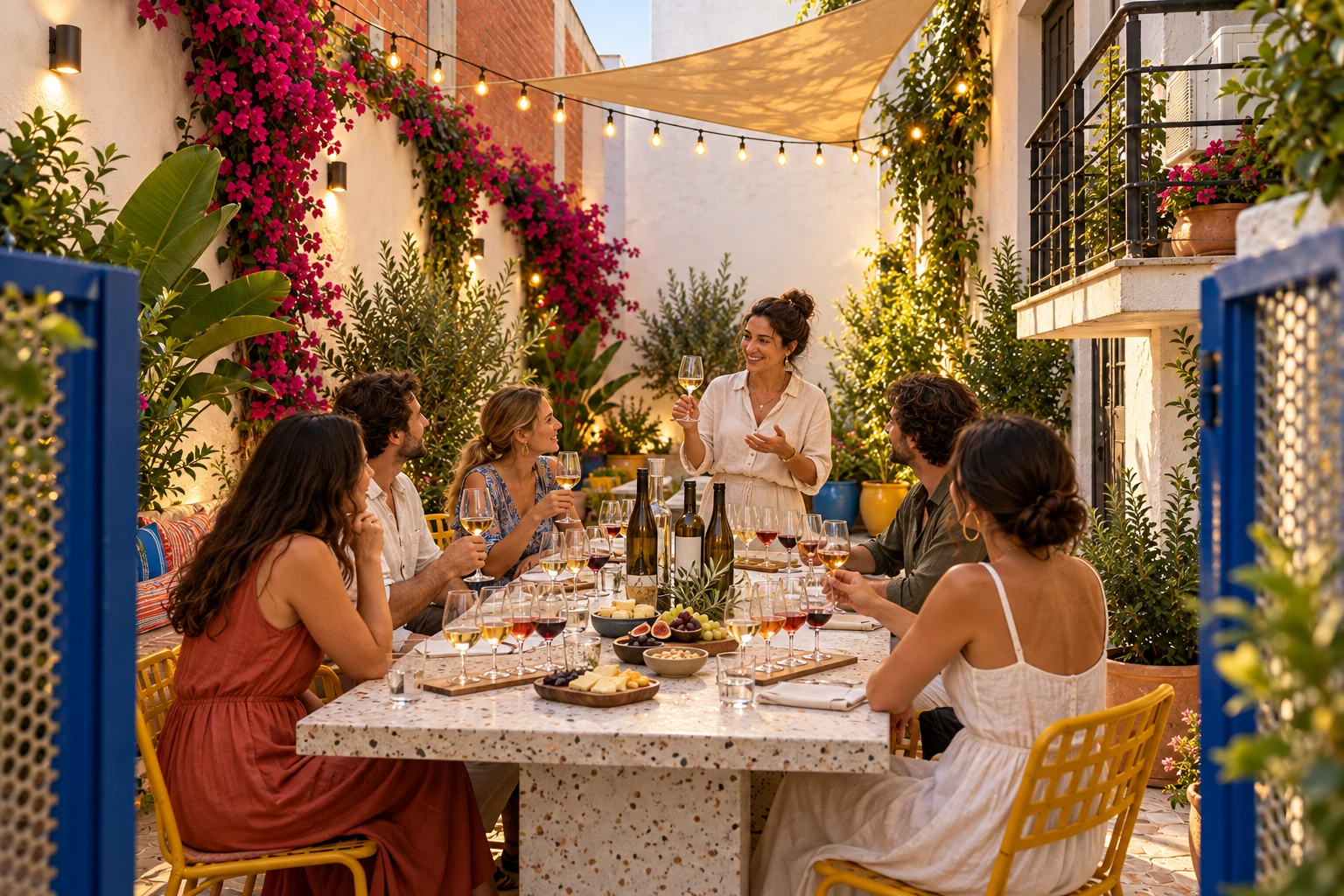 A small guided Greek wine tasting with cheese and snacks in the ROOTS SKOPELOS courtyard